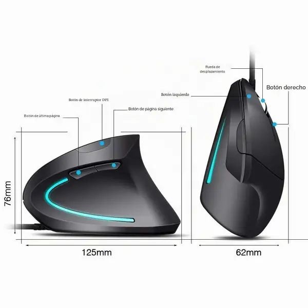 Abauoat · Ratón vertical con cable, 6 botones y 4 niveles de DPI — vista 3