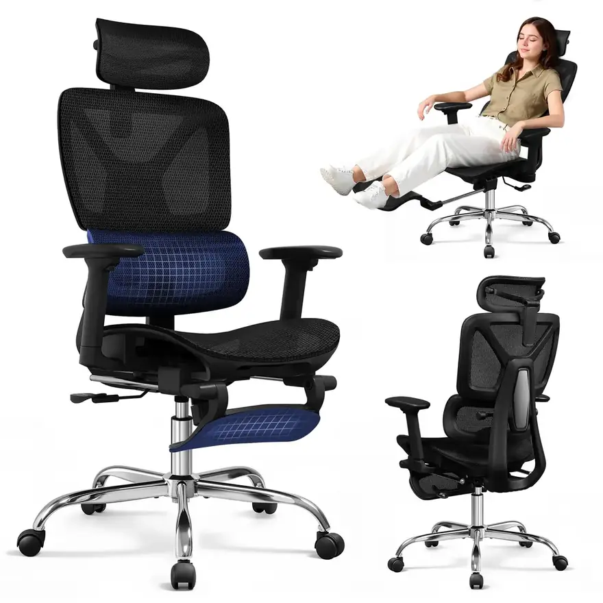DEVAISE · Silla ergonómica reclinable 135° con reposapiés y reposabrazos 3D