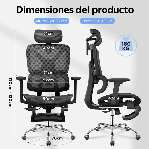 DEVAISE · Silla ergonómica reclinable 135° con reposapiés y reposabrazos 3D — vista 3