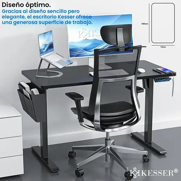 KESSER · Escritorio elevable eléctrico 140 × 70 cm con puerto USB — vista 3