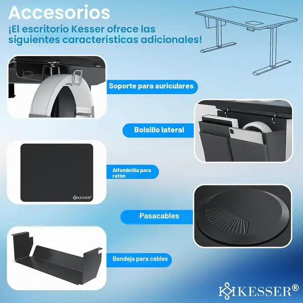 KESSER · Escritorio elevable eléctrico 140 × 70 cm con puerto USB — vista 4