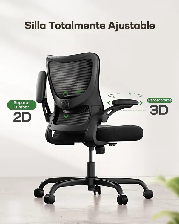 Marsail · Silla ergonómica con reposabrazos 3D y soporte lumbar 2D — vista 3