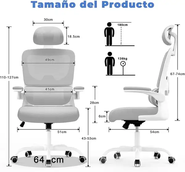 naspaluro · Silla ergonómica de malla con reposacabezas regulable 7 cm — vista 2