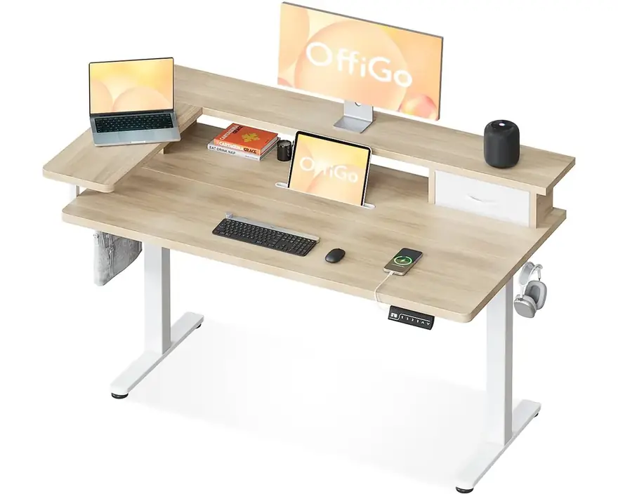 OffiGo · Escritorio elevable con soporte para monitor, cajón y USB 120 × 60 cm