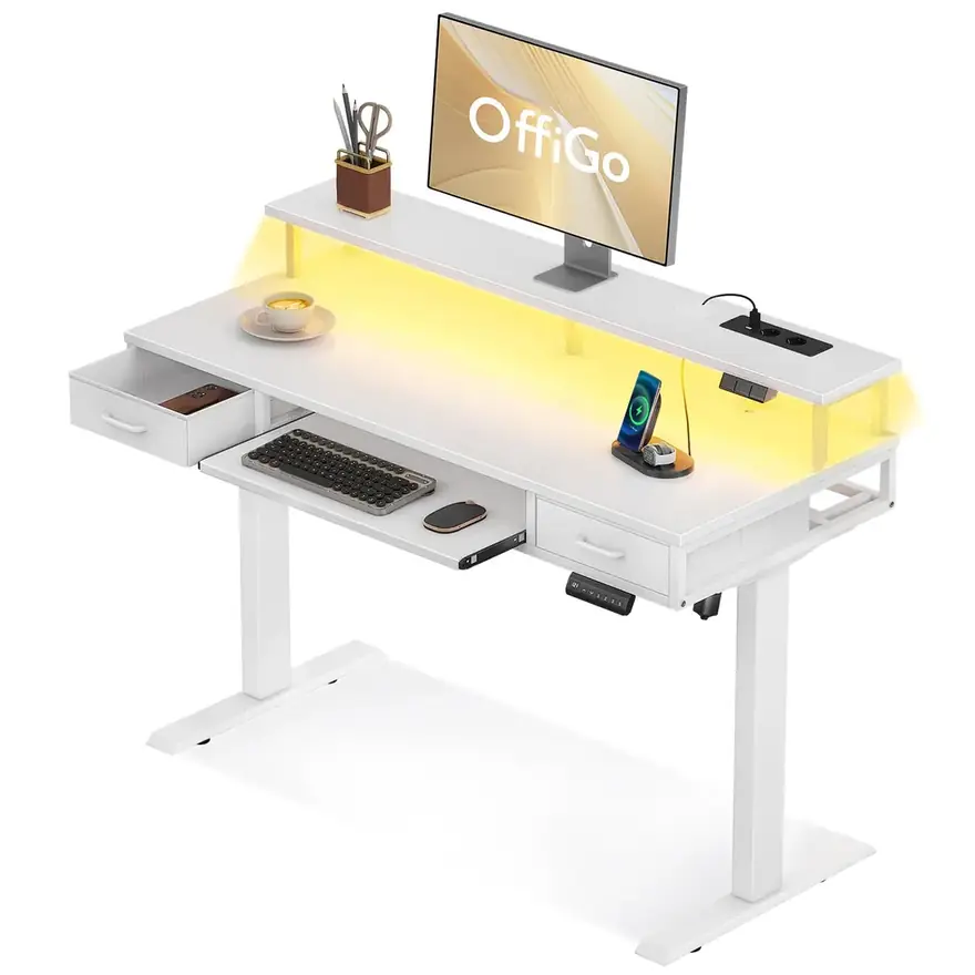 OffiGo · Escritorio elevable 120 cm con dos cajones, enchufes y luz LED