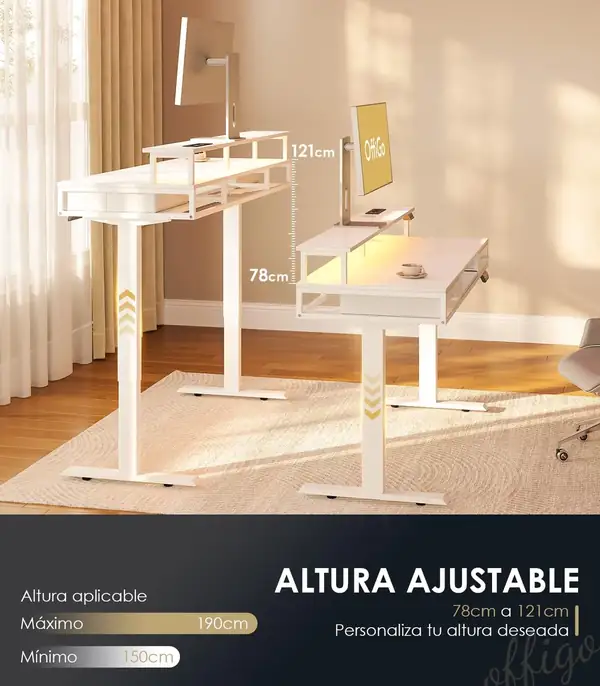 OffiGo · Escritorio elevable 120 cm con dos cajones, enchufes y luz LED — vista 3