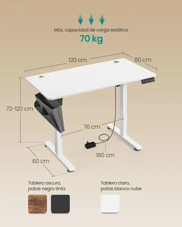 SONGMICS · Escritorio elevable eléctrico 120 × 60 cm, blanco nube — vista 3