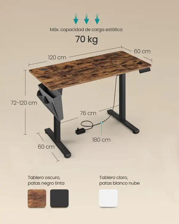 SONGMICS · Escritorio elevable eléctrico 120 × 60 cm, marrón vintage — vista 3
