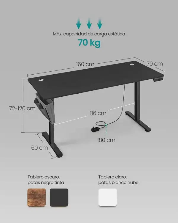 SONGMICS LSD136B01 · Escritorio elevable eléctrico 160 × 70 cm — vista 2