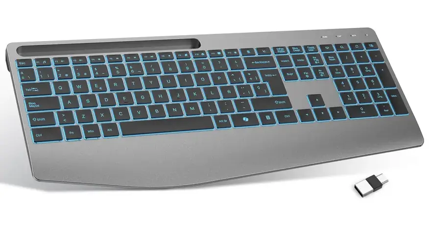 TECURS · Teclado inalámbrico ergonómico recargable con reposamuñecas y retroiluminación