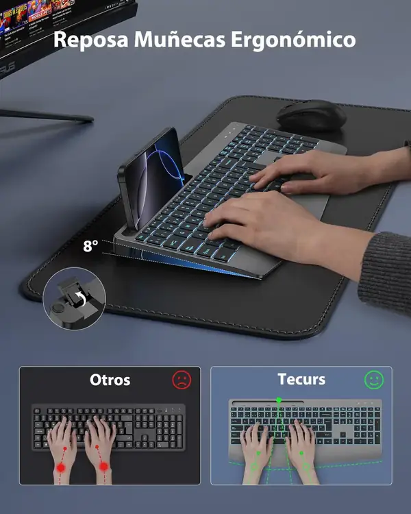 TECURS · Teclado inalámbrico ergonómico recargable con reposamuñecas y retroiluminación — vista 3