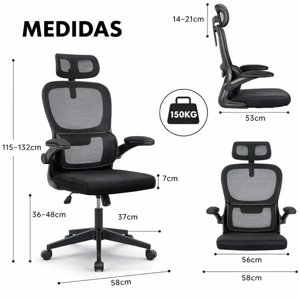 T-LoVendo · Silla ergonómica de malla con respaldo en S y reposacabezas — vista 3