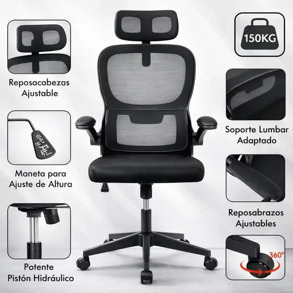 T-LoVendo · Silla ergonómica de malla con respaldo en S y reposacabezas — vista 4