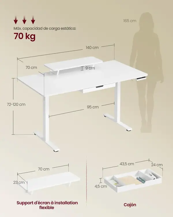 VASAGLE · Escritorio elevable eléctrico 140 × 70 cm con soporte de monitor — vista 3
