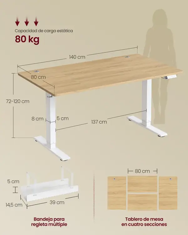 VASAGLE · Escritorio elevable eléctrico 140 × 80 cm con estante inferior — vista 3